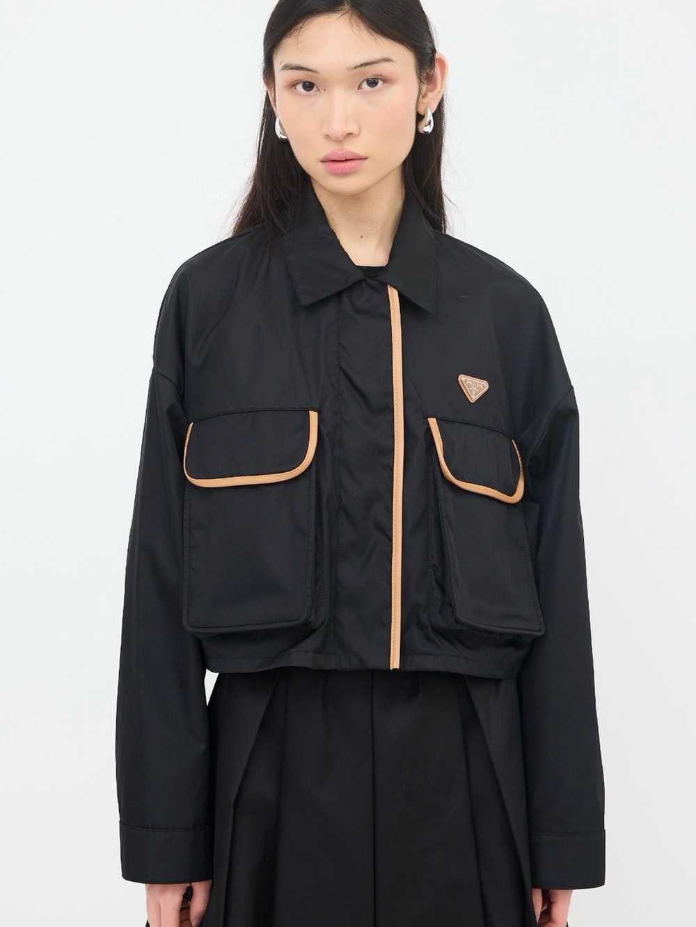 Prada Black Cropped Utility Jacket with Tan Piping